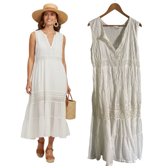 Soft Surroundings Dominica Crochet Maxi Dress L Ivory Cottagecore Prairie Boho - Picture 2 of 9